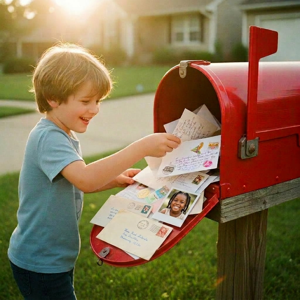 A child opening a vintage red mailbox full of handwritten letters and stickers