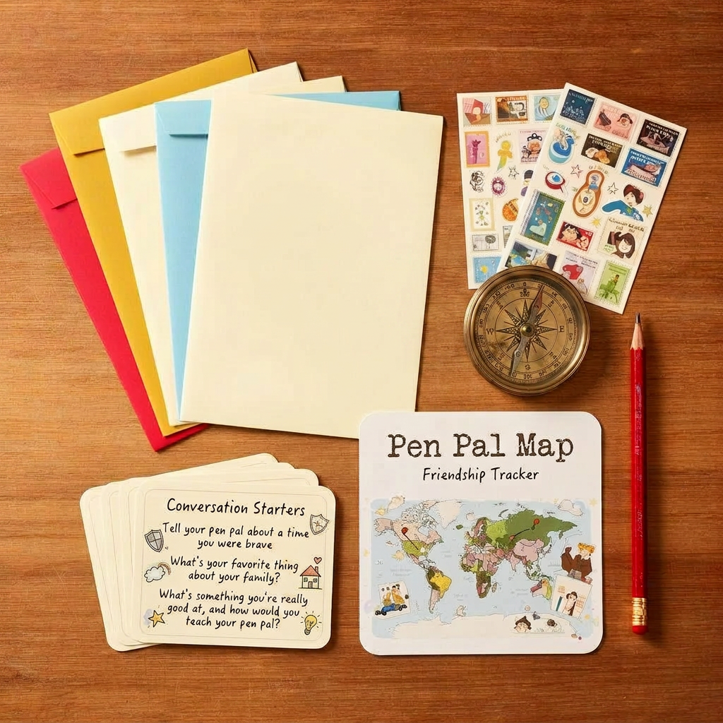 Overhead view of the Mailbox Magic welcome kit — stationery, stickers, badge, and conversation cards